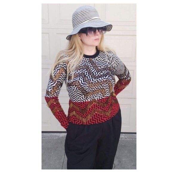 KENZO Paris Red Black White Gold Zig Zag Beaded Jumper Sweater RARE